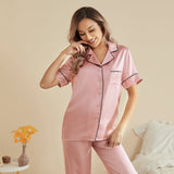 Womens Short Sleeve Silk Pajama Set with Piping Pink Silk Pajamas Rosy Pink XS