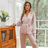 Women's Silk Robe And Pajama Set Long Sleeve Silk Sleepwear Rosy Pink XS