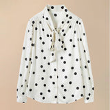 Polka Dots Silk Blouse Bow Tie Neck Silk Button Down Shirt Silk Blouses for Women White XS