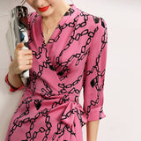 Silk Wrap Mini Dress Chain Print 3/4 Sleeves Pink Silk Dresses XS Pink