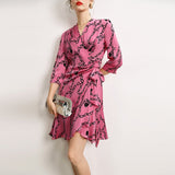 Silk Wrap Mini Dress Chain Print 3/4 Sleeves Pink Silk Dresses XS Pink
