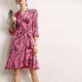 Silk Wrap Mini Dress Chain Print 3/4 Sleeves Pink Silk Dresses XS Pink