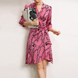 Silk Wrap Mini Dress Chain Print 3/4 Sleeves Pink Silk Dresses XS Pink