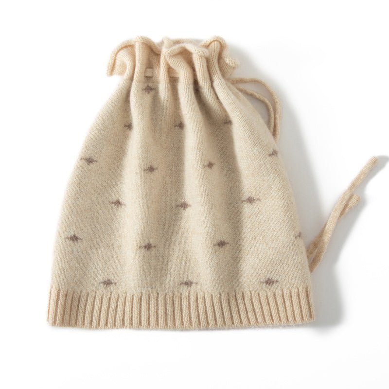 Pure Cashmere Beanie Hat With Drawstring Subtle Star Knitted Hat Beige M