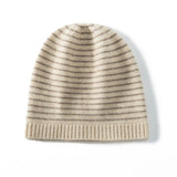 Pure Cashmere Cap With Ribbing Edge Striped Cashmere Beanie Hat Beige M