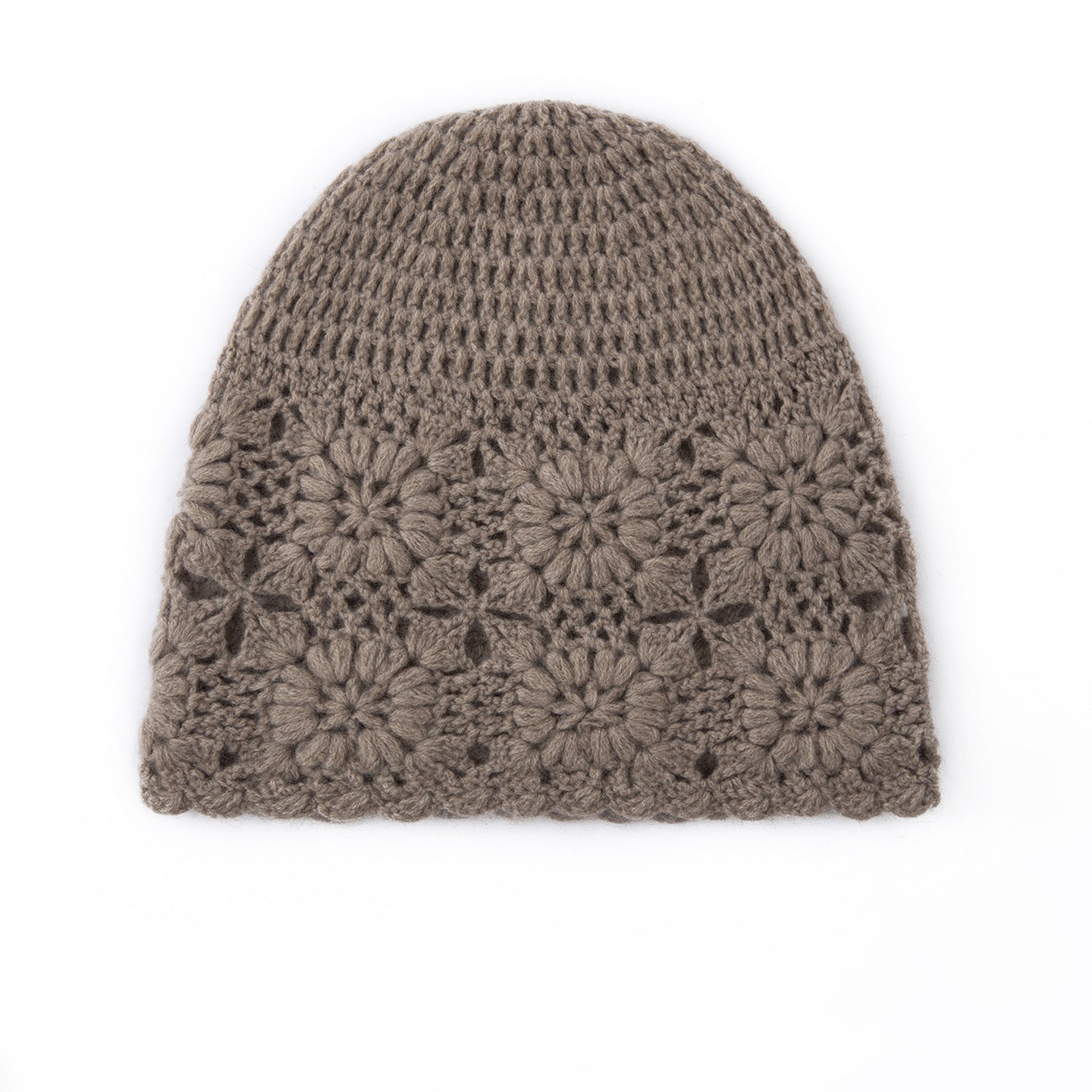 Pure Cashmere Crochet Knit Beanie Cashmere Crochet Floral Hat for Women Taupe M