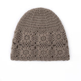 Pure Cashmere Crochet Knit Beanie Cashmere Crochet Floral Hat for Women Taupe M