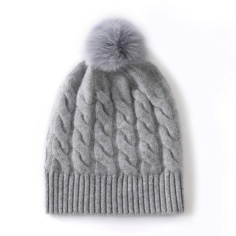 Pure Cashmere Cable Knit Beanie Fur Pom Cashmere Hat Gray M