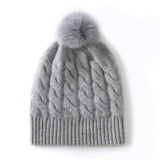 Pure Cashmere Cable Knit Beanie Fur Pom Cashmere Hat Gray M