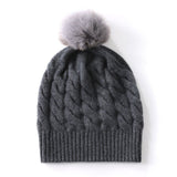 Pure Cashmere Cable Knit Beanie Fur Pom Cashmere Hat Dark Gray M
