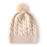 Pure Cashmere Cable Knit Beanie Fur Pom Cashmere Hat Beige M