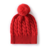 Pure Cashmere Cable Knit Beanie Fur Pom Cashmere Hat Red M