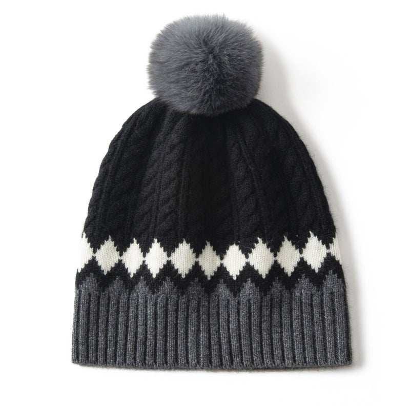 Cozy Cashmere Cable Knit Pom - pom Beanie Hat With Geometric Pattern Black M
