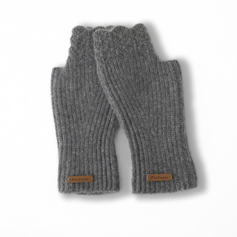 Ribbed Cashmere Fingerless Gloves Scalloped Edge Cashmere Mitts Gray M