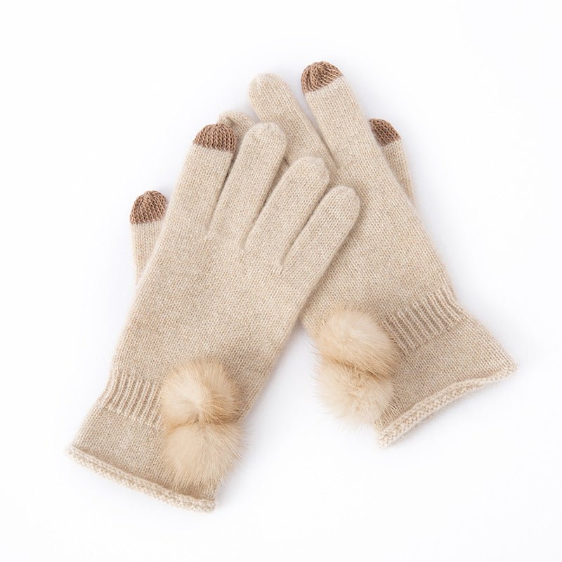 Cashmere Gloves Fur Pom and Contrast Tips Touchscreen Cashmere Mittens Beige M