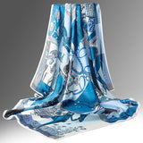 Pure Long Silk Scarf For Women Floral Print Square Silk Scarves Blue L