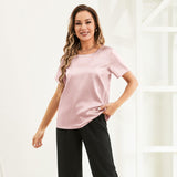 Pure Silk Blouses Short Sleeves Mulberry Silk Round Neck Shirt Rosy Pink XS