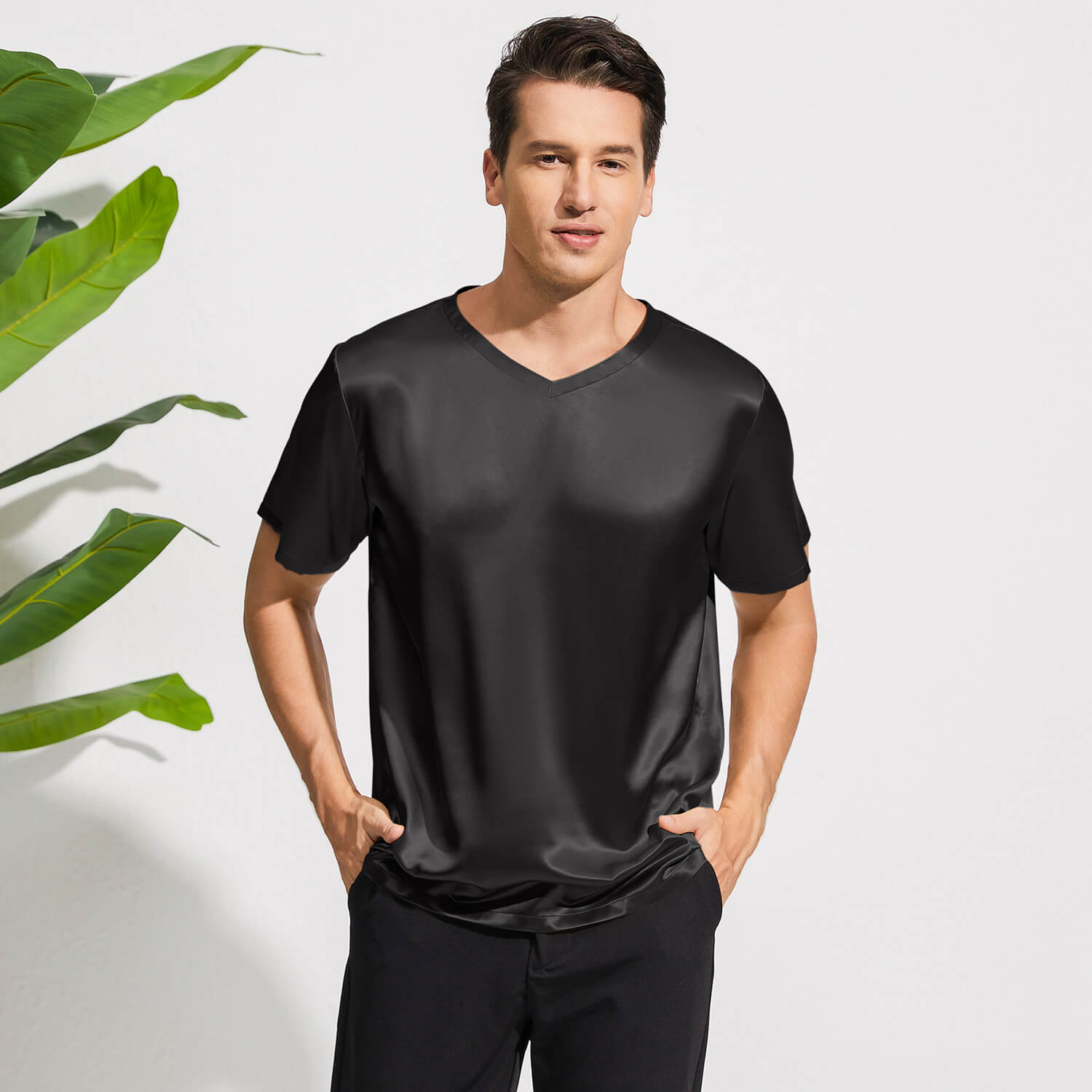 Pure Silk T-Shirts For Men Luxury V - Neck Silk Top Tee Black XS