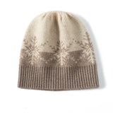Winter Wonderland Cashmere Beanie Hat With Snowflake Print Taupe M
