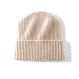 Ribbed 100% Cashmere Beanie Hat Premium Pure Cashmere Beanie with Folded Cuff Beige M