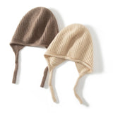 Ribbed Cashmere Earflap Hat with Ties Warm Cashmere Beanie for Women Taupe M