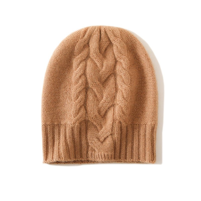 Ribbed Edge Cashmere Hat Braid Pattern Cashmere Beanie for Women Camel M