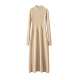 Ribbed Knit Cashmere Midi Dress Mock Neck Cashmere Dress for Women Beige One size fits most