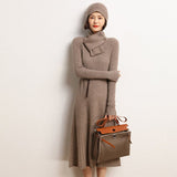 Ribbed Knit Cashmere Midi Dress Mock Neck Cashmere Dress for Women Taupe One size fits most
