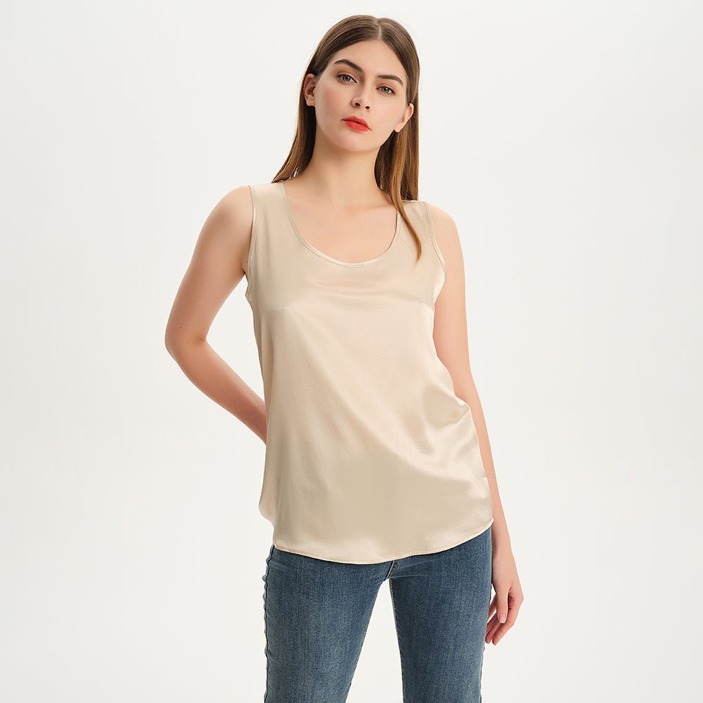 Round Neck Mulberry Silk Tank Top For Women Beige M