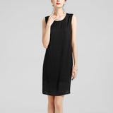 Round Neck Silk Dress Sleeveless Wedding Guest Party Dresses Black XS