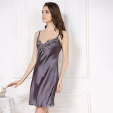 Women Sexy Lace Silk Nightgown V Neck Pure Silk Slip Dress Purple Gray XS