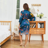 Short Crane And Dragon Print Pure Silk Kimono Robes Dark Green One size fits most