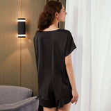 Short Silk Pajama Set for Women Black XS