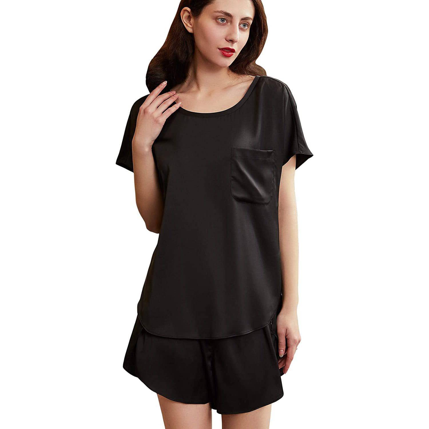 Short Silk Pajama Set for Women Black XS