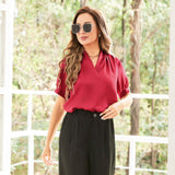 Womens Silk Blouse Red Silk Blouse Silk Short Sleeve Shirt V Neck Silk Shirt Claret XS