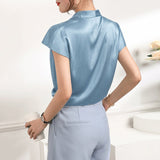 Short Sleeves Womens Silk Blouse V Neck Ladies Silk Tops Light Blue XS