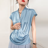 Short Sleeves Womens Silk Blouse V Neck Ladies Silk Tops Light Blue XS