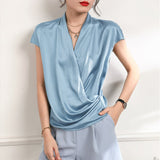 Short Sleeves Womens Silk Blouse V Neck Ladies Silk Tops Light Blue XS