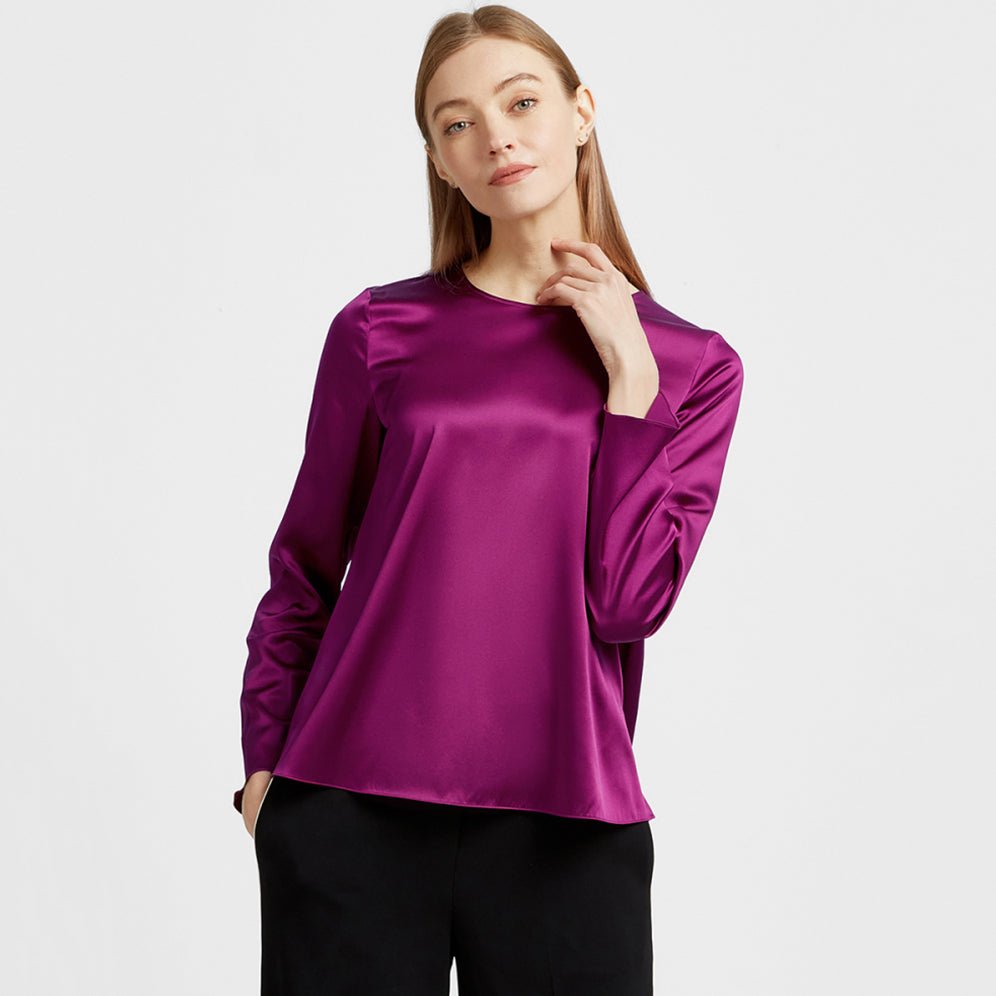 Womens Crew Neck Silk Blouse Minimalist Long Sleeve Silk Shirt Purple XS