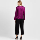 Womens Crew Neck Silk Blouse Minimalist Long Sleeve Silk Shirt Purple XS