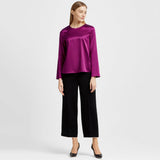 Womens Crew Neck Silk Blouse Minimalist Long Sleeve Silk Shirt Purple XS