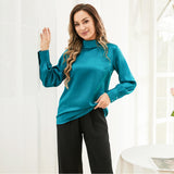 Silk Blouses For Women 100% Stand Collar Office Silk Shirts Dark Teal XS