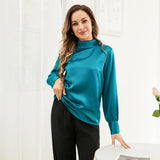 Silk Blouses For Women 100% Stand Collar Office Silk Shirts Dark Teal XS