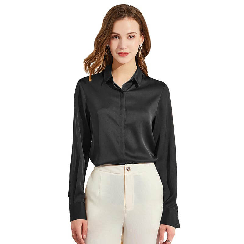 Silk Blouses For Women Long Sleeve Silk Button Shirts Black XS