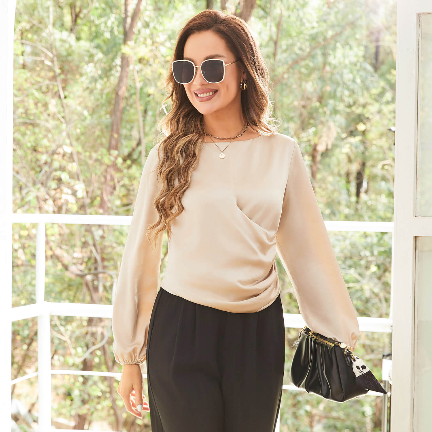Women Silk Blouses Dressy Long Sleeve Pleated Silk Wrap Tops Champagne XS