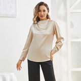 Silk Blouses For Women Dressy Long Mock Neck Silk Shirts Champagne XS