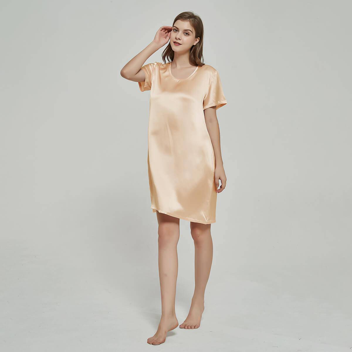 Silk Chemise Women's Short Sleeve Round Neck Silk Nightdress Apricot XS