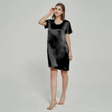 Silk Chemise Women's Short Sleeve Round Neck Silk Nightdress Black XS