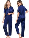 Silk Couple Pajamas Men And Women Short Sleeve Silk Pajamas Navy Blue XS