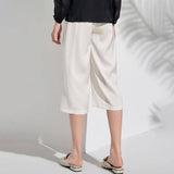 Silk Cropped Pants For Women Loose Silk Culotte Pants Work Silk Trousers White XS